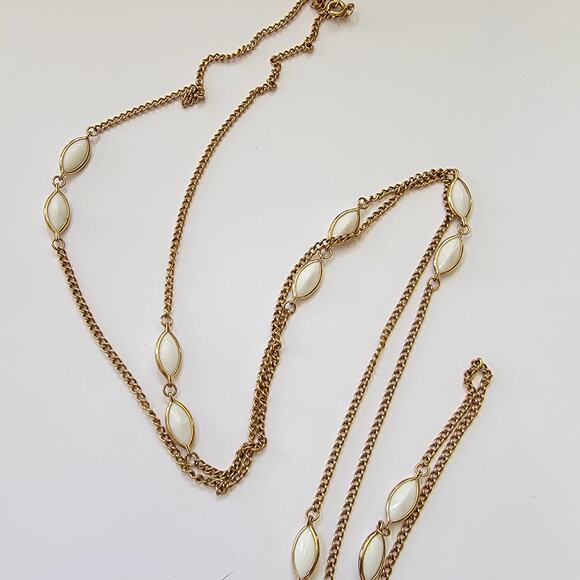 Vintage Gold Chain Necklace with White Lucite Marquise Links Layered 1970s Style - Picture 2 of 10